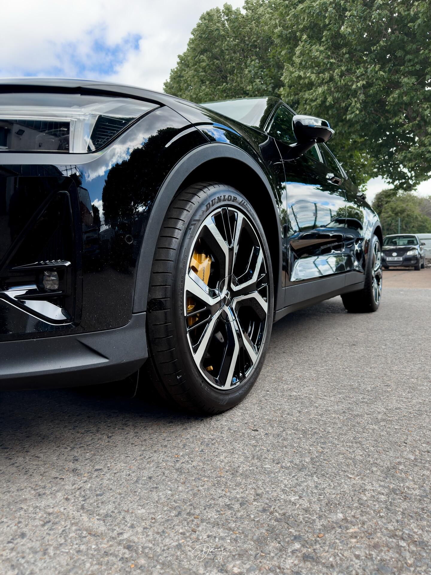 Polestar front wheel angle showing refurbished alloy