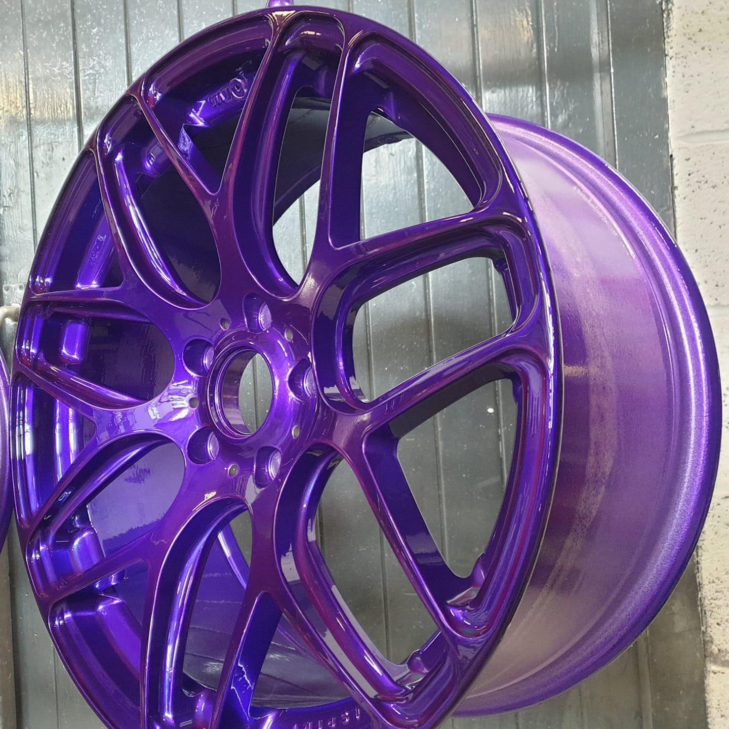 Alloy wheel finished in custom purple powder coating