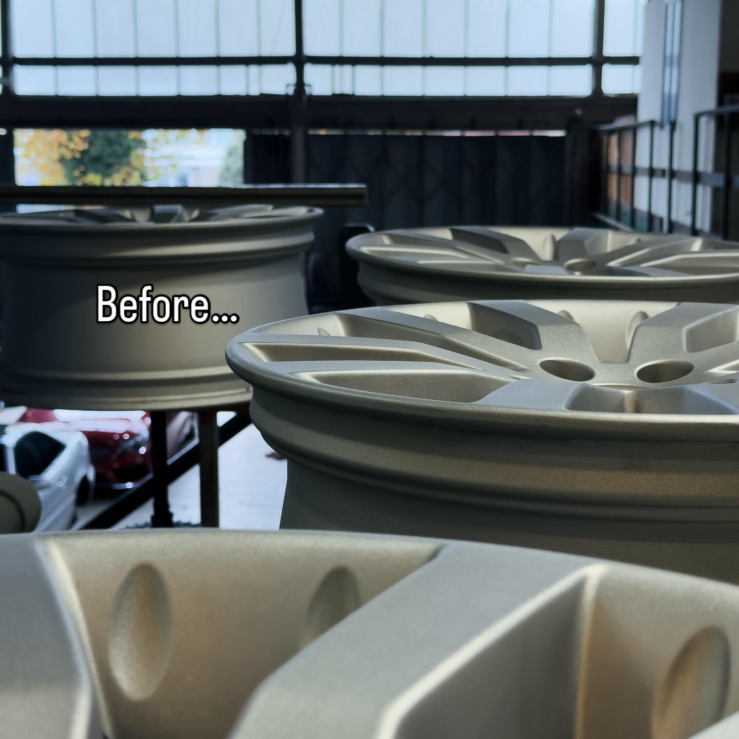 Set of alloy wheels before refurbishment at our Exeter workshop