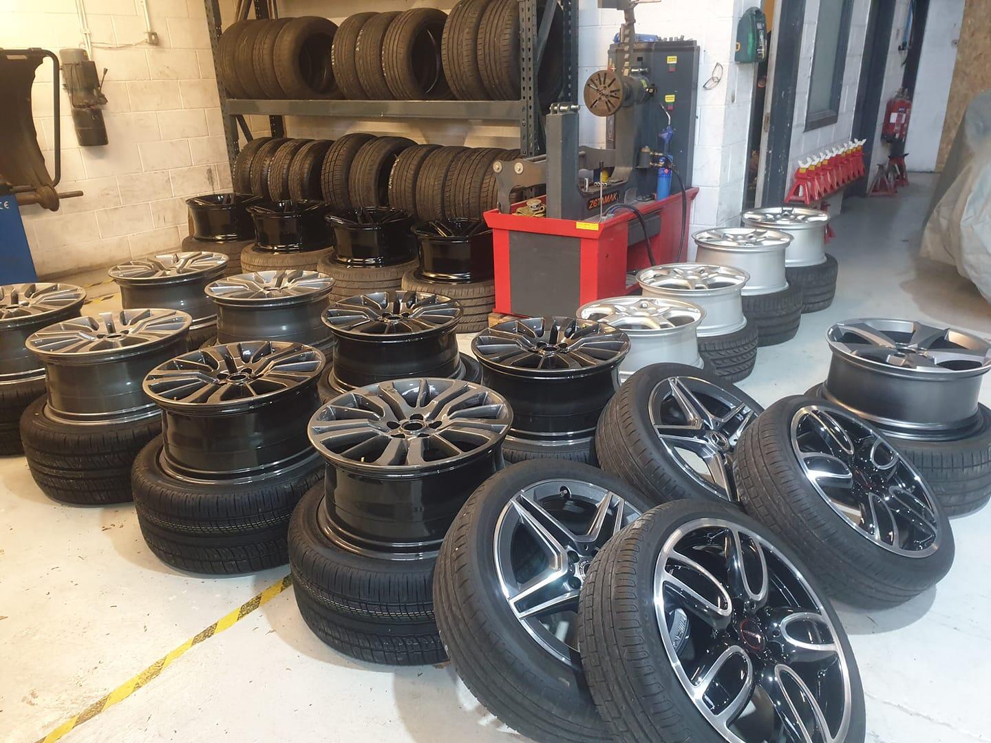 Alloy wheels in workshop ready for refurbishment